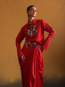Habutai Silk Embroidered Top with Bottom belt Embroidery