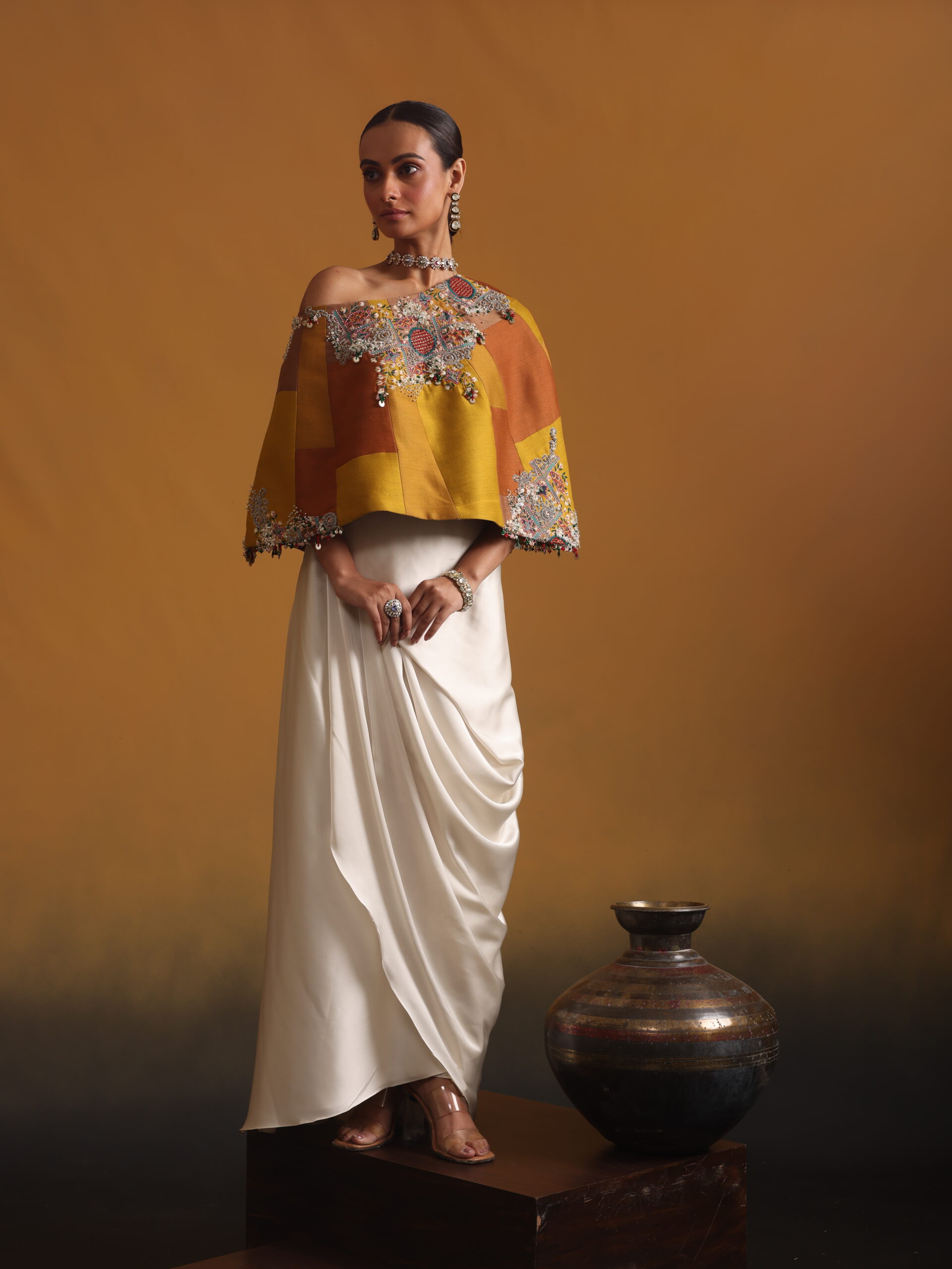 Mustard Embroidered Top with Skirt - Image 4