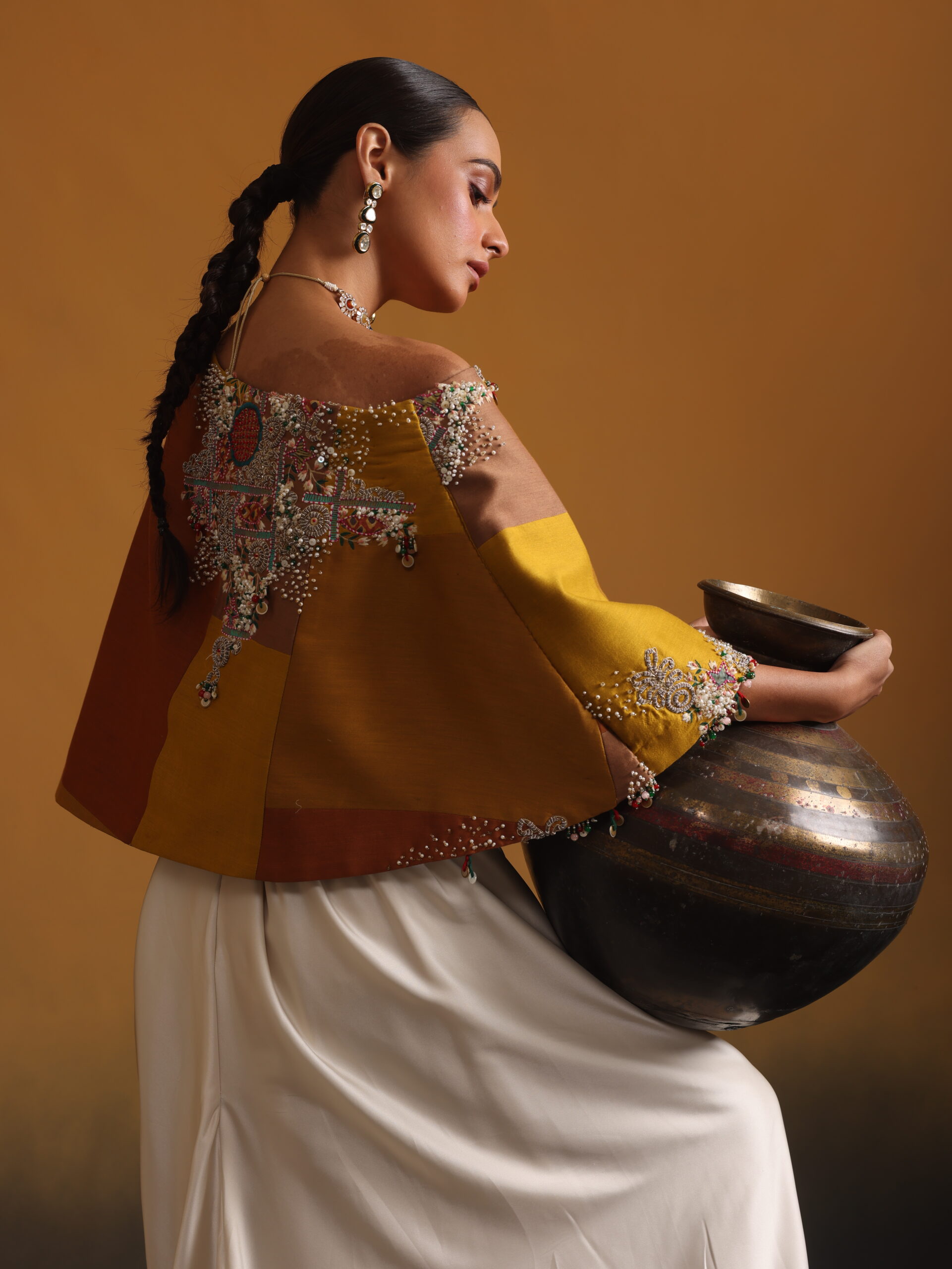 Mustard Embroidered Top with Skirt - Image 3