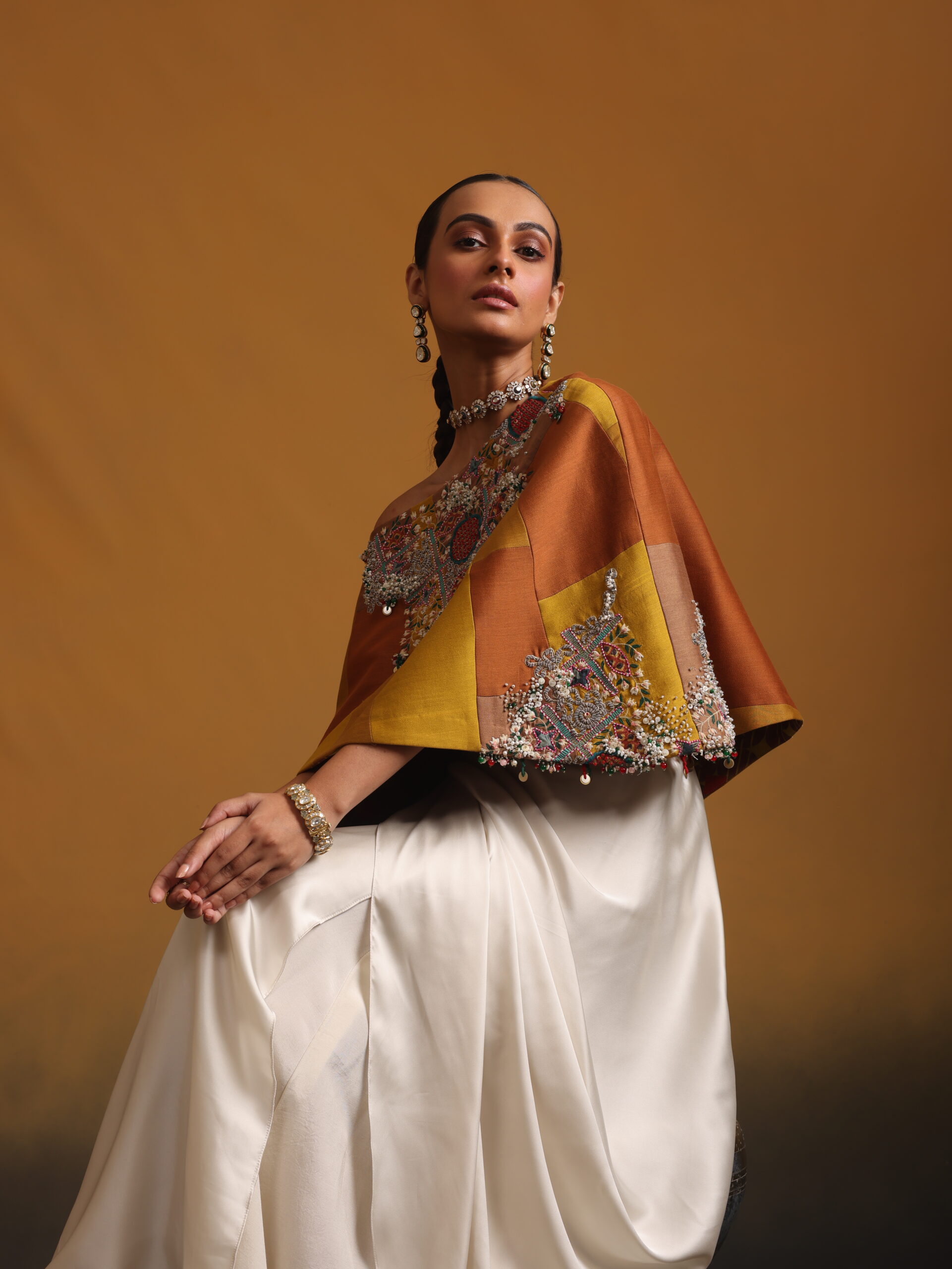 Mustard Embroidered Top with Skirt - Image 2
