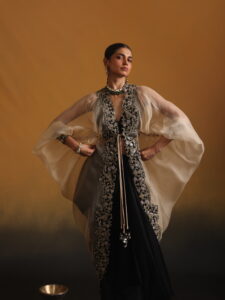 Organza Neem Zari Embroidered cape with Bustier & Skirt