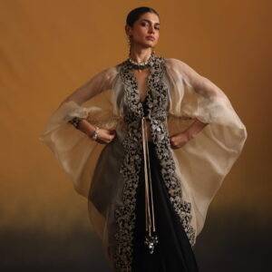 Organza Neem Zari Embroidered cape with Bustier & Skirt