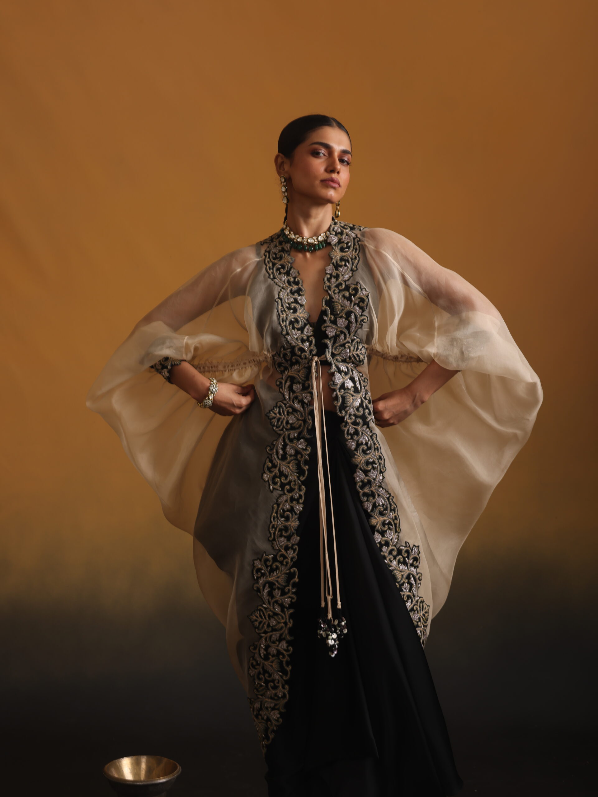 Organza Neem Zari Embroidered cape with Bustier & Skirt
