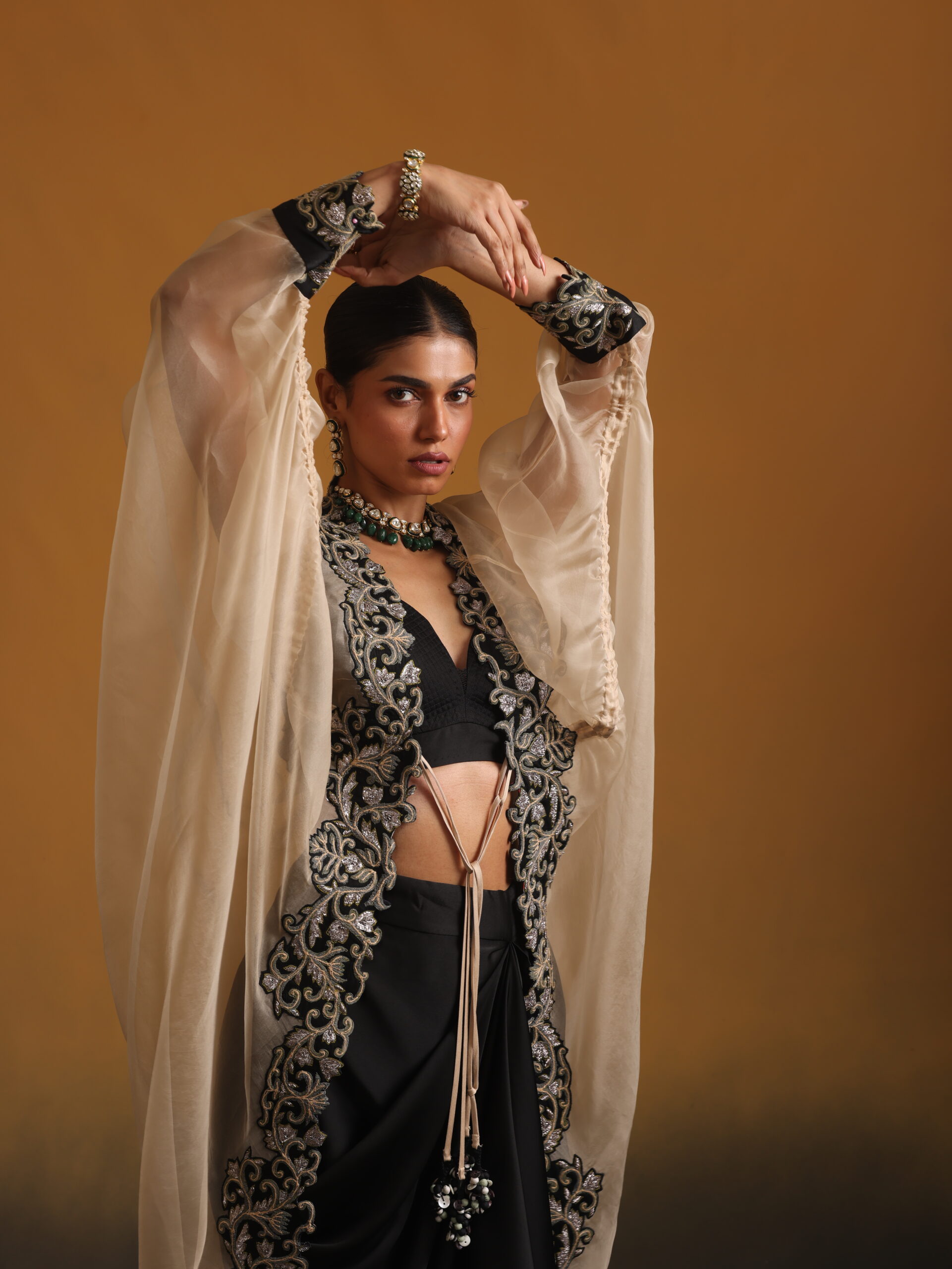 Organza Neem Zari Embroidered cape with Bustier & Skirt - Image 2