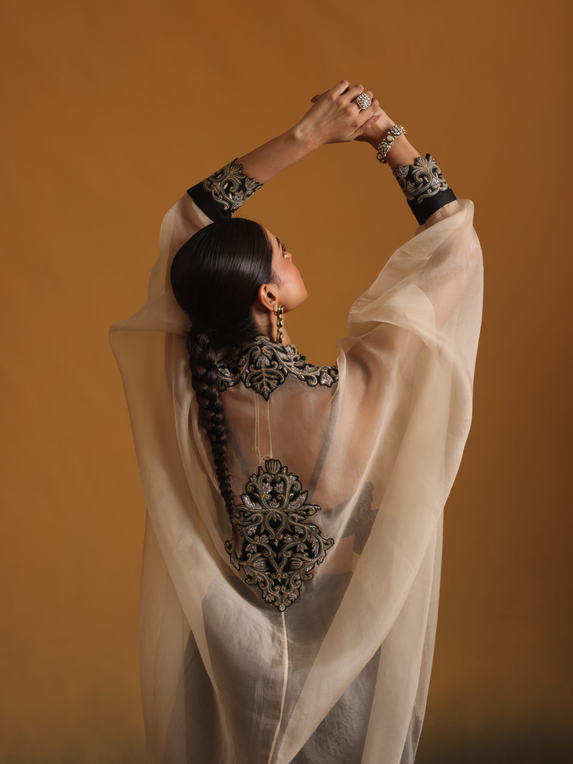 Organza Neem Zari Embroidered cape with Bustier & Skirt - Image 3