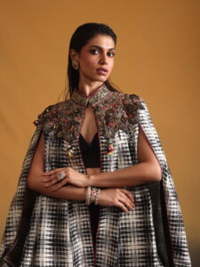 Ikkat Silk Embroidered Cape with Bustier & Bottom