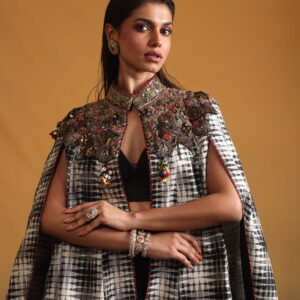 Ikkat Silk Embroidered Cape with Bustier & Bottom