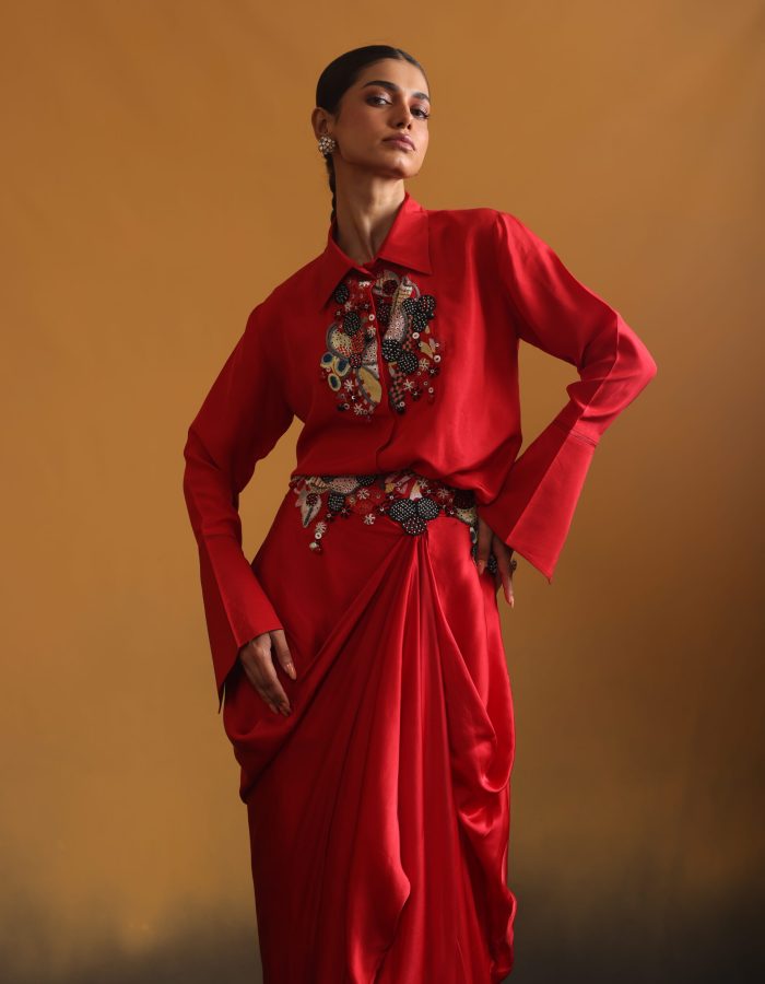 Habutai Silk Embroidered Top with Bottom belt Embroidery