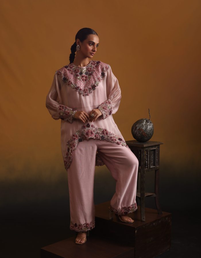 Satin Organza Embroidered Top with Bottom