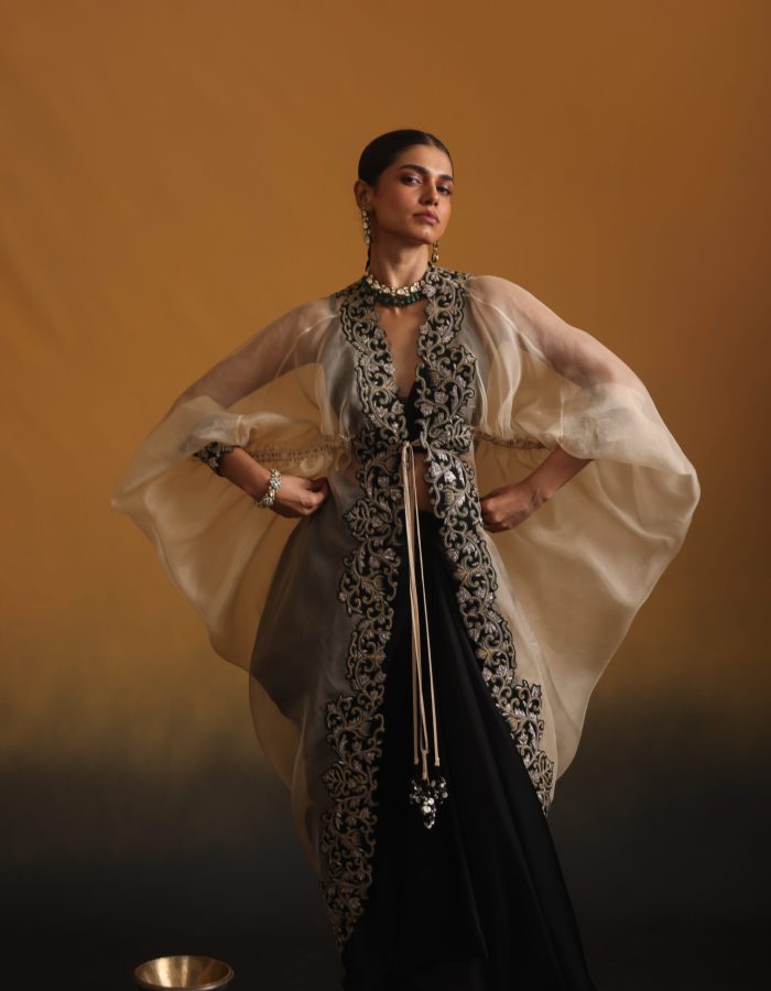 Organza Neem Zari Embroidered cape with Bustier & Skirt