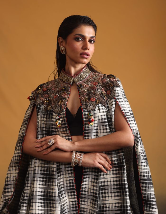 Ikkat Silk Embroidered Cape with Bustier & Bottom